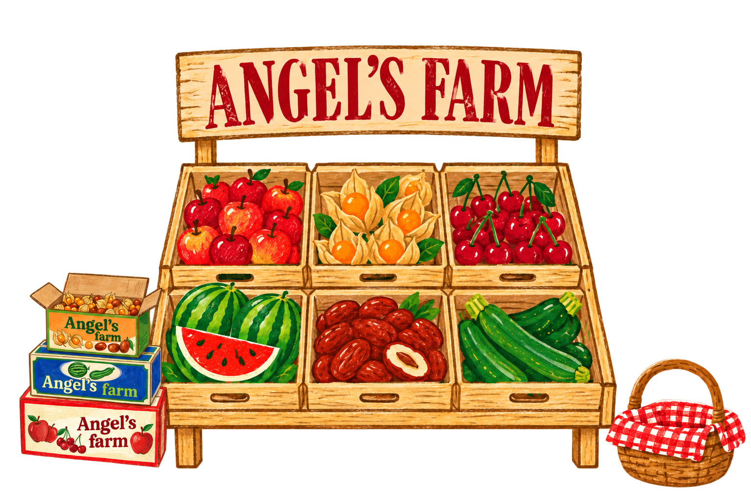 Front-facing crayon farm stand with six produce crates, stacked cartons and a picnic basket